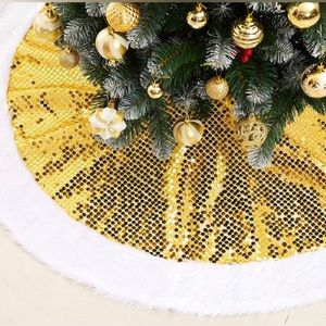 Gold Sequin Christmas Tree Skirt with Faux Fur Edge Gold Classic Decor 48” NEW